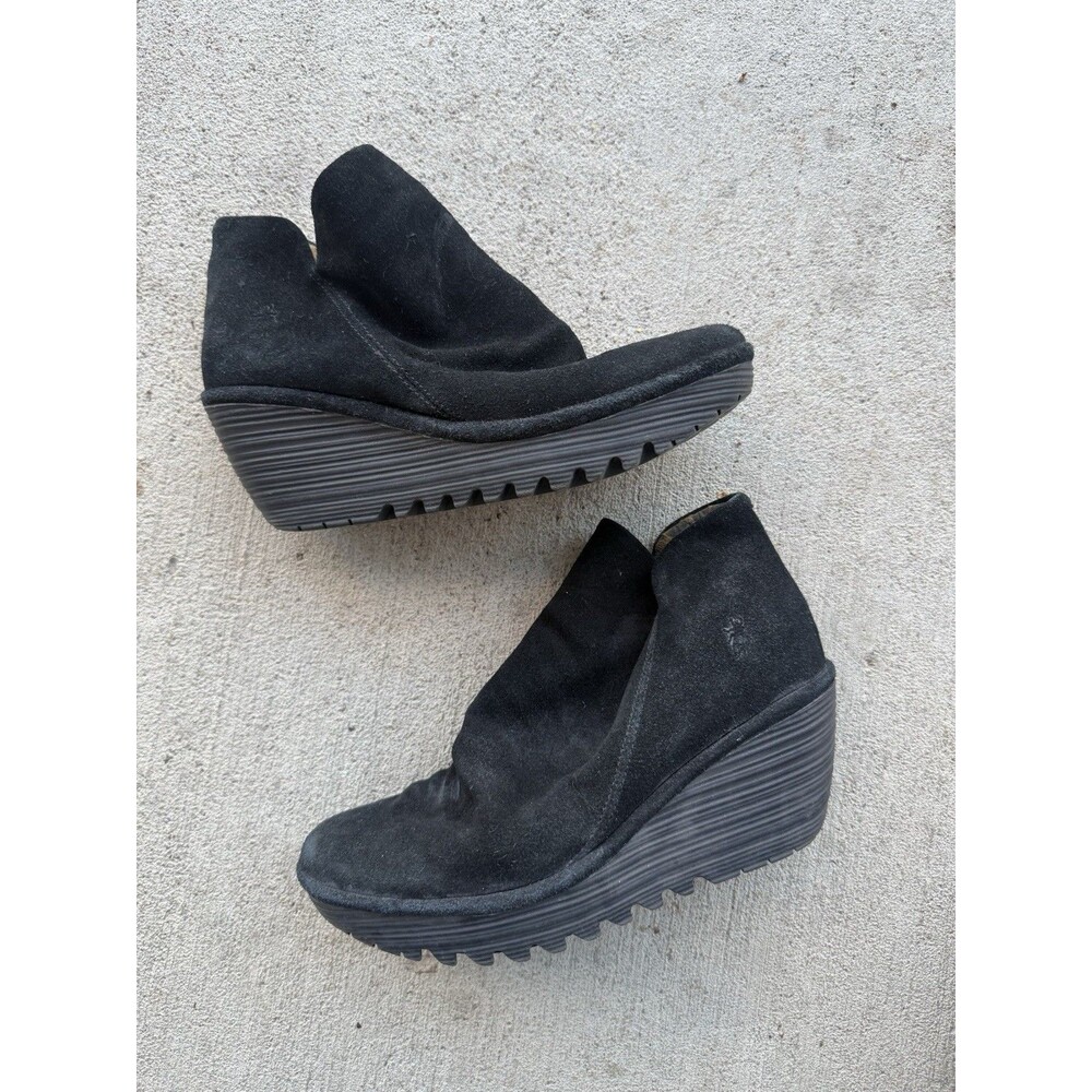 Fly London Yip Black Suede Leather Ruched Wedge Ankle Boot Women 39